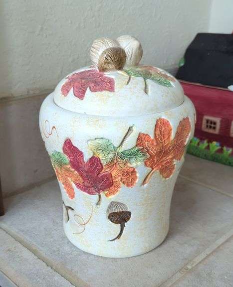 Ceramic 11' Harvest Fall Leaves Cookie Jar With Original Box
