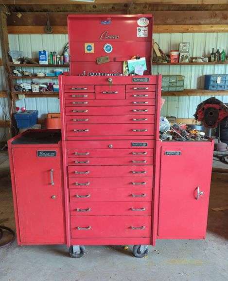Matco Snap-On Rolling 16 Drawer Tool Cabinet With Side Cabinets, 57" x 57" x 18", Contents Not Included, Friday Pick Up Only, Bidder Responsible For Proper Removal