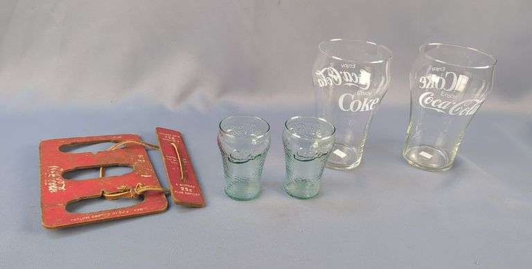 Vintage Coca-Cola Bottle Carrier, And Coca-Cola Glassware, Qty 4 image