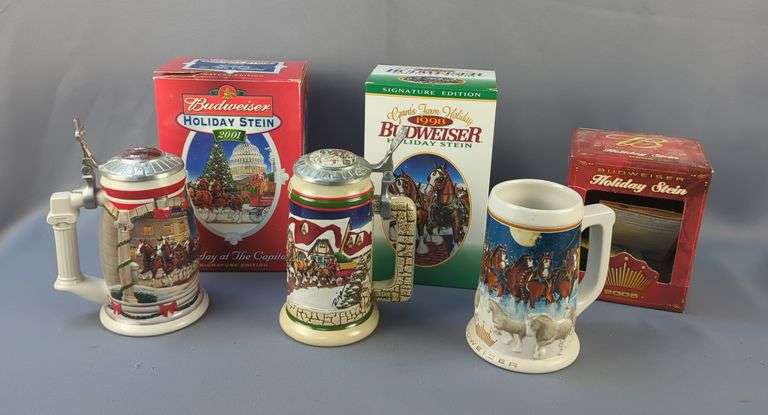 Budweiser Holiday Steins, Years 1998, 2001 And 2005, All With Original Boxes And COA image