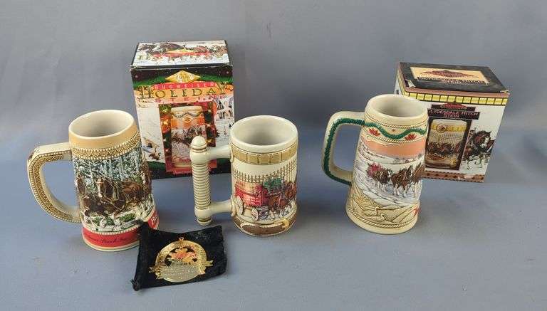 Budweiser Holiday Steins, Qty 3, Two With Original Box, Includes Budweiser Collector's Club Ornament image