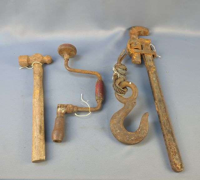 Vintage Crosby Hook, Hand Drill, 24 Inch Pipe Wrench And Ball Peen Hammer image