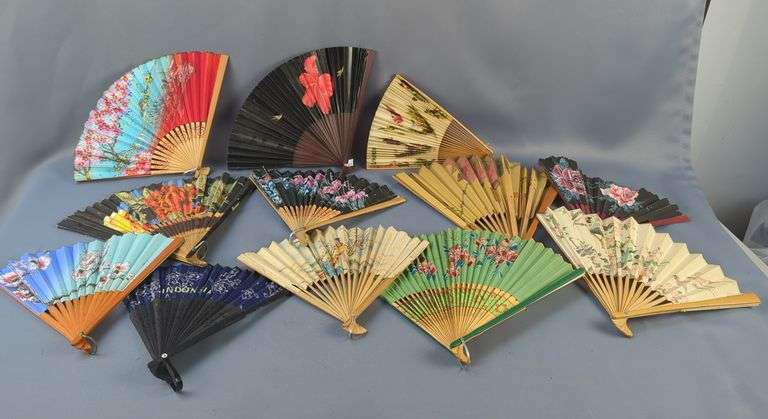 Decorative Oriental Paper Fans, Various Designs And Sizes, Some Hand Painted, Qty 12 image