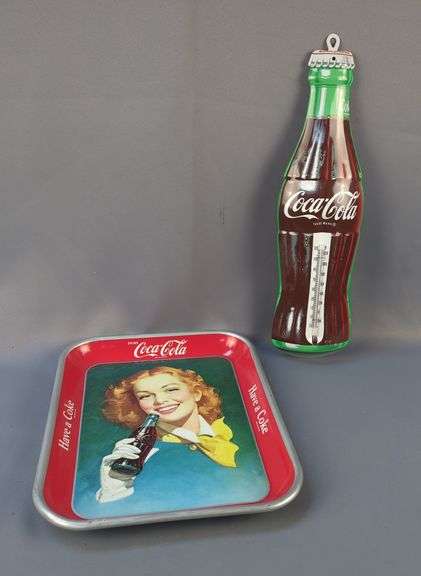 Coca-Cola Metal 18" Outdoor Thermometer, And Metal Coca-Cola Tray, 13" x 11" image