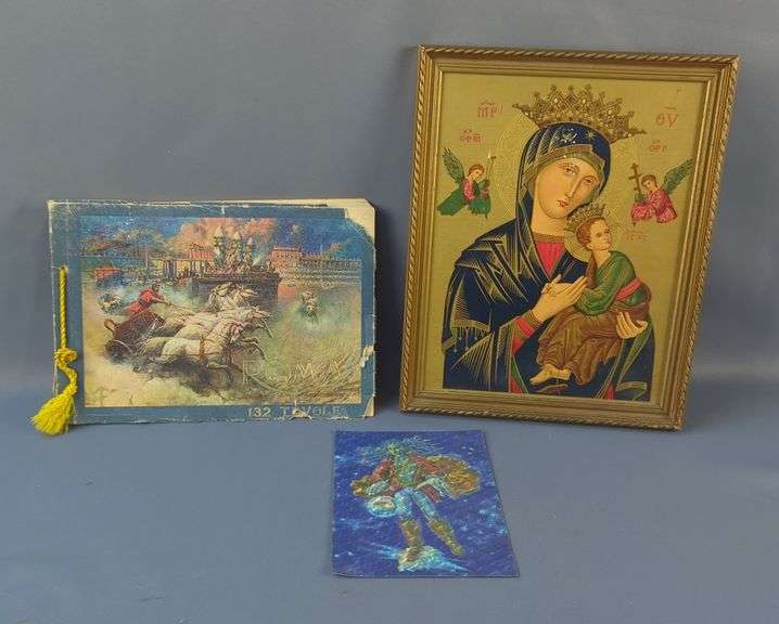 Roma Album Artistico, Vintage Souvenir Album, Framed Print Of Mother Of Perpetual Help, 12" x 9.5", And Captain Beyond Holographic Print, 7" x 5" image