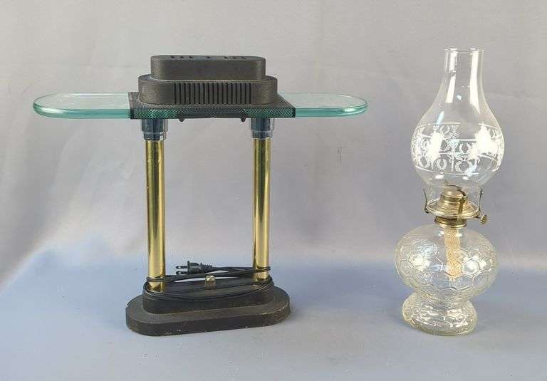 Sonneman Style Bankers Lamp, 15" x 19", Untested, And Farms Lamplight Glass Oil Lamp With Honeycomb Base, Approx 16" Tall image