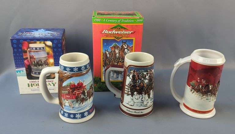 Budweiser Holiday Steins, Years 1995, 1999, And 2004, Including Original Box image