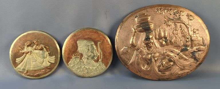 Indian Relief Plaque Medallions, Qty 3, 6" Diameter, 7" Diameter, And 12" x 10" image