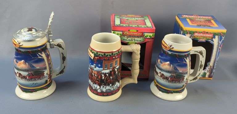 Budweiser Holiday Steins, Years 2000, Qty 2, One In Original Box, And 2003, In Original Box, All With COAs image