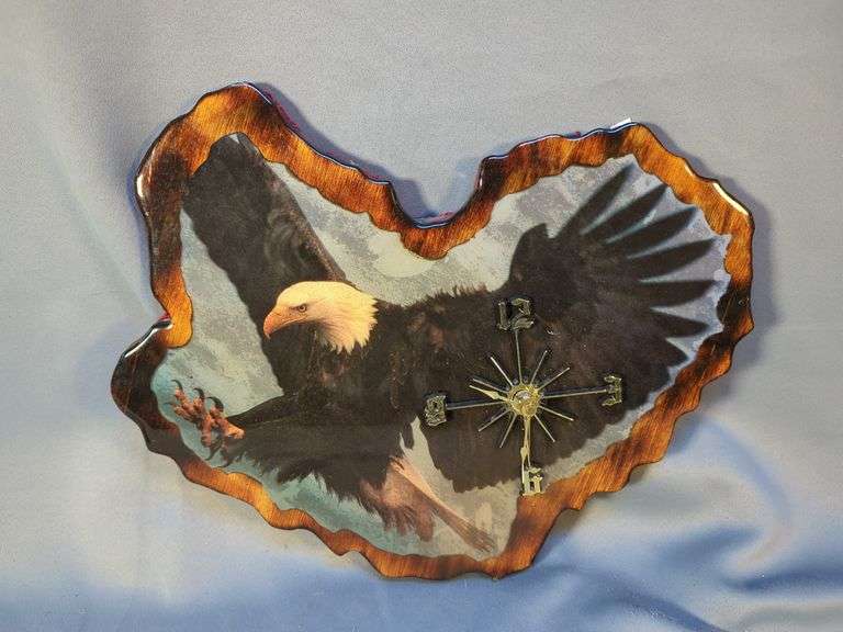 Bald Eagle Wooden Wall Plaque Clock, Battery Operated, 12" x 14.5" And Carved Wall Clock, 13" x 10.5"