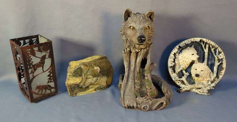 Classic Wildlife Collection Decorative Plate, 8", Wolf Figurine, Table Top Resin Fountain, 12", Missing Pump And Wiring And More
