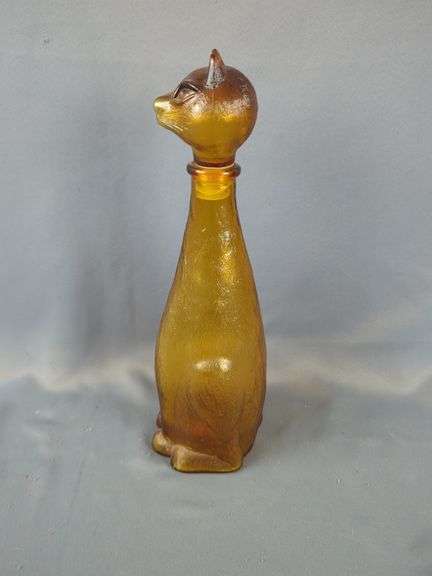 Glass Cat Decanter, 12" And Porcelain Painted Cat Decanter, Marked Potted Priscilla, 12"