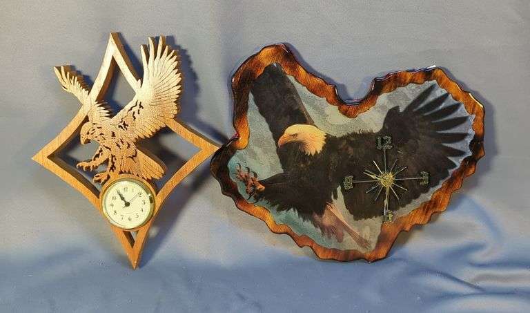 Bald Eagle Wooden Wall Plaque Clock, Battery Operated, 12" x 14.5" And Carved Wall Clock, 13" x 10.5"