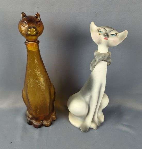 Glass Cat Decanter, 12" And Porcelain Painted Cat Decanter, Marked Potted Priscilla, 12"