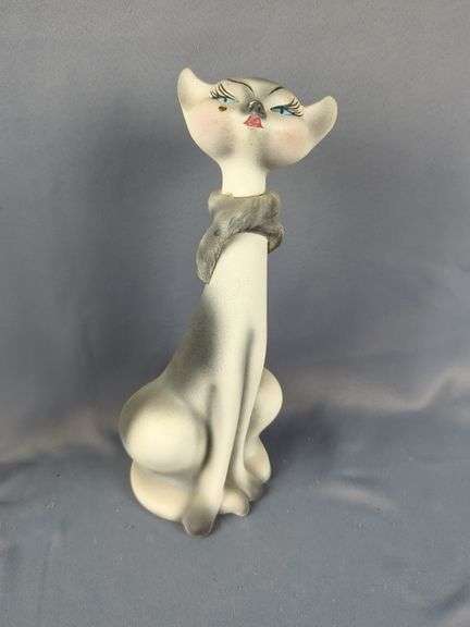 Glass Cat Decanter, 12" And Porcelain Painted Cat Decanter, Marked Potted Priscilla, 12"