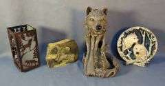 Classic Wildlife Collection Decorative Plate, 8", Wolf Figurine, Table Top Resin Fountain, 12", Missing Pump And Wiring And More
