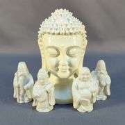 Porcelain Asian Figurines, 3", Qty 4 And Resin Buddha Bust, 6" x 4"