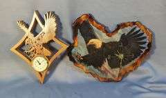 Bald Eagle Wooden Wall Plaque Clock, Battery Operated, 12" x 14.5" And Carved Wall Clock, 13" x 10.5"