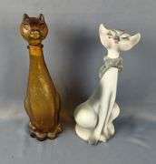 Glass Cat Decanter, 12" And Porcelain Painted Cat Decanter, Marked Potted Priscilla, 12"