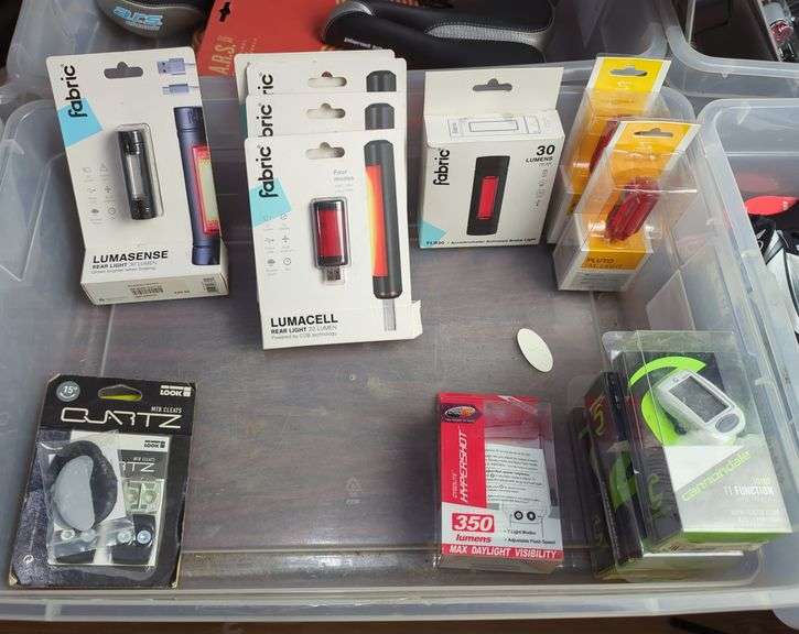 Fabric Bike Lights, Cannondale Computer And Look MTB Cleats, Contents Of Tub image