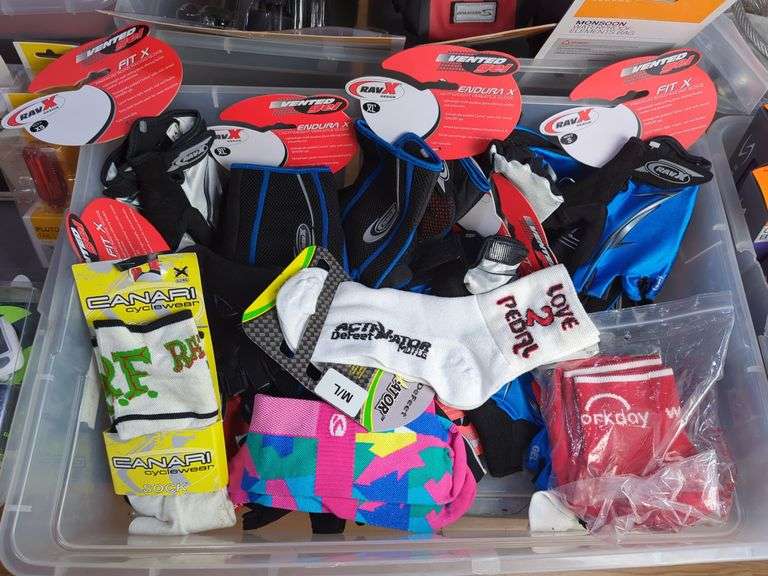 RAV-X Cycling Gloves and Socks, Various Sizes And Styles, Contents Of Tub image