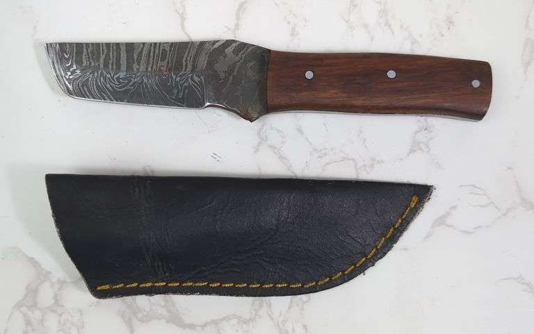 Custom Damascus Fixed Blade Knife, 4" Sheepsfoot Blade, In Leather Sheath image