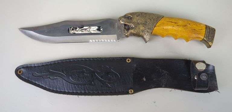 Fixed Blade Knife With Brass Animal Head Guard And Pommel, 7" Blade, Leather Sheath image