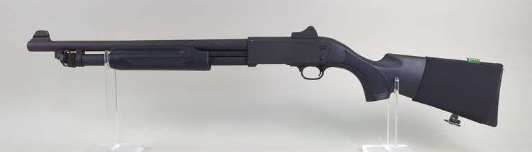 Sun City Machinery Co/ Savage Arms Stevens Model 350 12 ga Pump Action Shotgun SN# 135995T, For 2 3/4" And 3" Shells, Fiber Optic Front Sight, 18.5" Bbl, Cabela's Cartridge Holder On Stock image