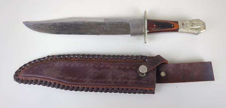 Chipaway Fixed Blade Knife, 10" Trailing Point Blade, Marked "Land Of Freedom, The Patriots, Self Defender, Protected By Her Brave Volunteers", In Leather Sheath image