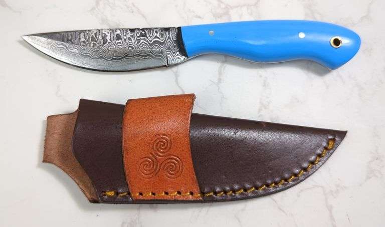 Custom Damascus Fixed Blade Knife, 4" Blade, In Tooled Leather Sheath image