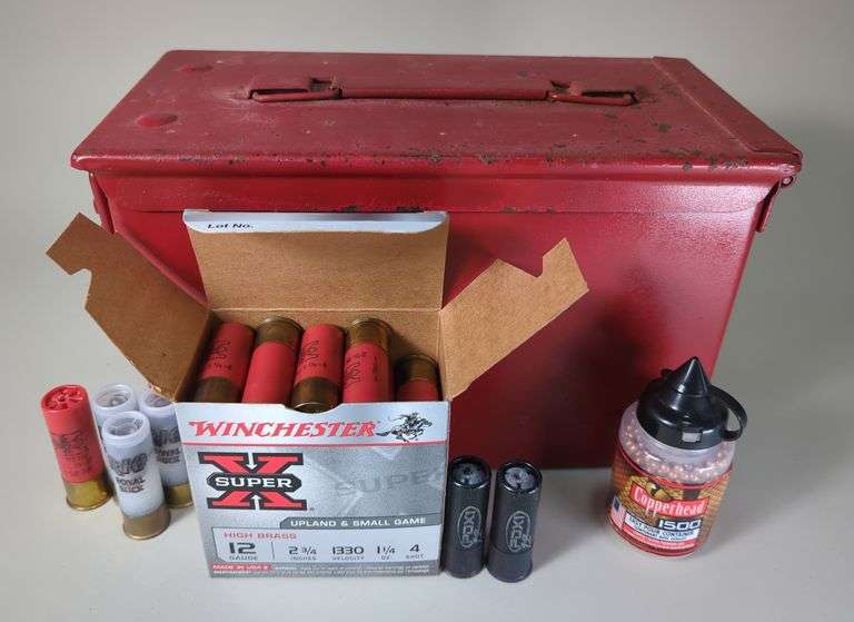 Winchester Super X, Winchester, And Rio 12 ga Ammo, Approx 30 Rds, And Copperhead BBs, In Metal Ammo Can, 11" X 6" X 7" image