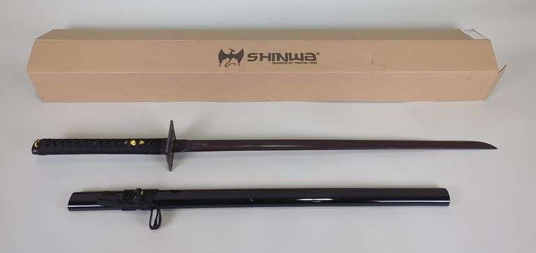 Shinwa Damascus Steel Chokuto Sword, 28" Blade, With Scabbard And Sleeve In Box, Includes Paperwork image