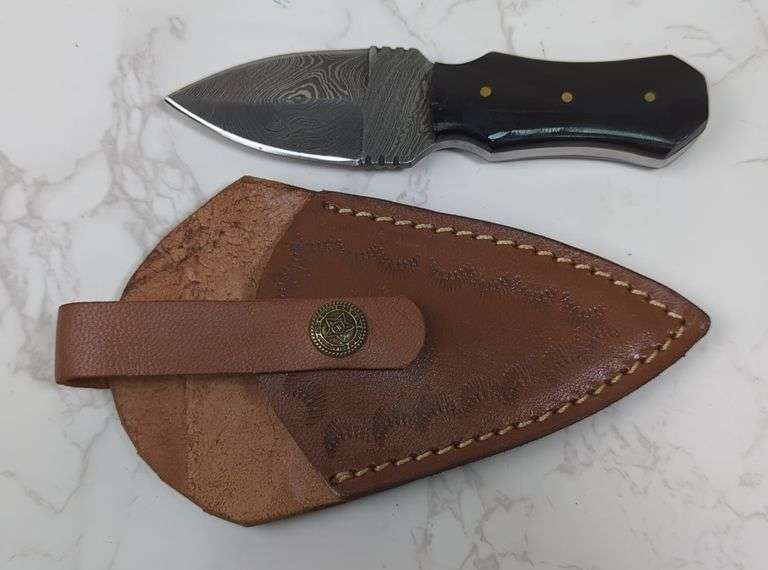 Custom Damascus Dagger, 3" Blade, In Tooled Leather Sheath image
