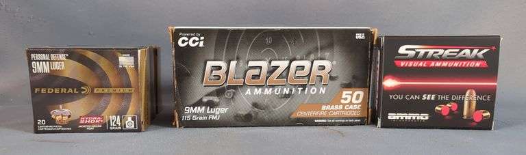 Federal Premium 9mm Luger Ammo, Approx 60 Rds, CCI Blazer 9mm Luger Ammo, Approx 100 Rds, And Ammo Inc. 9mm Streak Visual Ammo, Approx 20 Rds, Local Pickup Only image