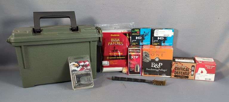 Baschieri & Pellagri 12 ga Ammo, Approx 25 Rds, Hornady, Rio, And Brenneke USA .410 ga Ammo, Approx 48 Rds, Hornady XTP 9mm Bullets, Approx Qty 100, Outers Bulk Patches, Henning EDC Magazine & Grip Extension (Fits Sig Sauer PC20), And Cleaning Brush, In Ammo Can, 10" X 6.5" X 5", Local Pickup Only image