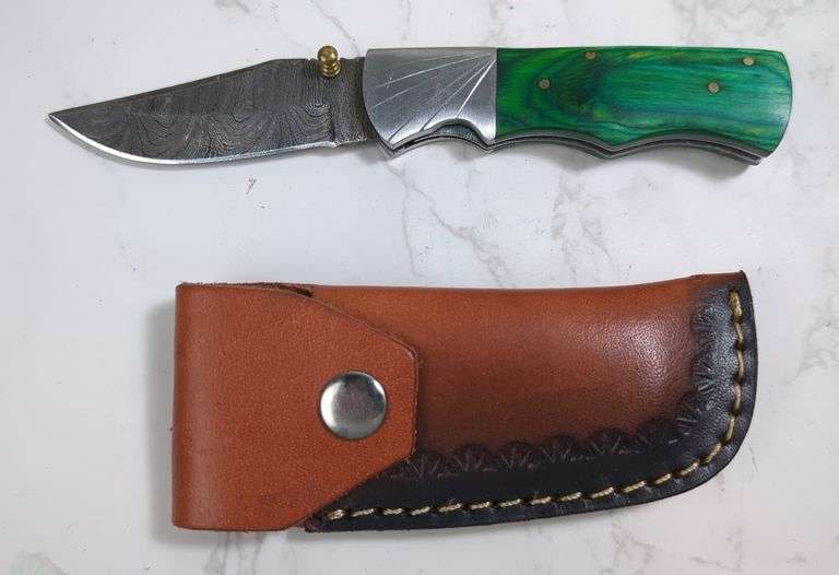 Custom Damascus Folding Blade Knife, 3" Trailing Point Blade, In Tooled Leather Sheath image