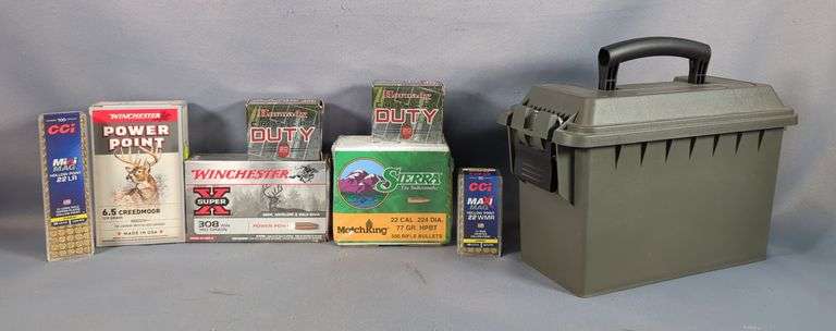 Winchester 6.5 Creedmoor Ammo, Approx 20 Rds, Winchester .308 Win Ammo, Approx 20 Rds, Hornady .357 Sig Ammo, Approx 40 Rds, Sierra .22 Cal Ammo, Approx 500 Rds, And CCI .22 LR And .22 WMR Ammo, Approx 150 Rds, In Ammo Can, 6" X 4.5" X 10", Local Pickup Only image