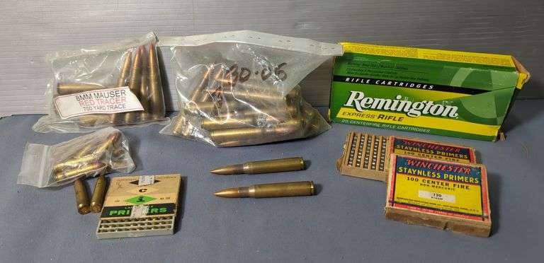 Remington 45-70 Govt Rifle Cartridges, Approx 20, 30-06 Spring Ammo, Approx 25 Rds, 8mm Mauser Red Tracer Ammo, Approx 10 Rds, Winchester And CCI Primers, Approx 300, And More, Local Pick Up Only image