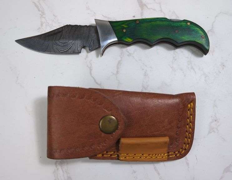 Custom Damascus Folding Blade Knife, 3" Clip Point Blade, In Tooled Leather Sheath image
