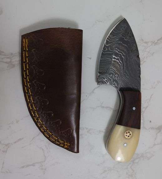 Custom Damascus Fixed Blade Knife, 3" Blade, In Tooled Leather Sheath image
