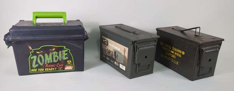 Metal Ammo Cans, 7" X 6" X 12", Qty 2, And MTM Casegard Zombie Ammo Can image