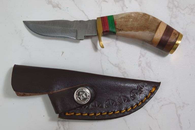 Custom Damascus Fixed Blade Knife, 3" Blade, In Tooled Leather Sheath image
