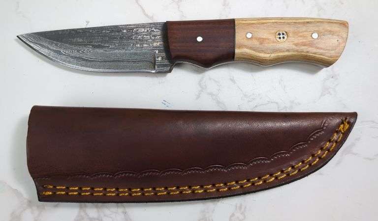 Custom Damascus Fixed Blade Knife, 3" Straight Back Blade, In Tooled Leather Sheath image
