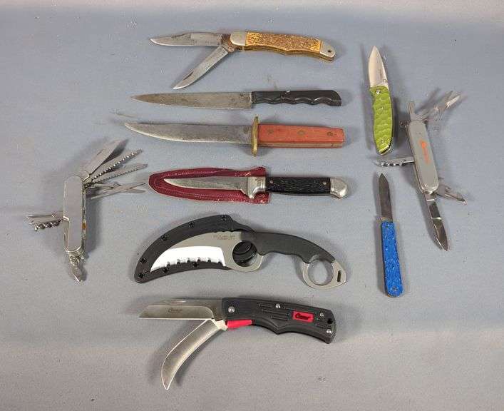 Knife Assortment With Pocket Knives, Fixed Blade Knives, Karambit, And More. Brands Include Cold Steel Double Agent I, Ozark Trail, Browning, Imperial, Cattaraugus, Clauss, And More, Total Qty 10 image