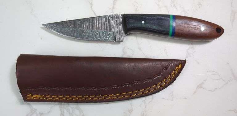 Custom Damascus Fixed Blade Knife, 3.5" Blade, In Tooled Leather Sheath image
