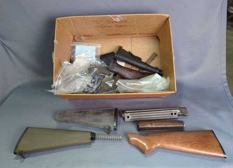 Gun Parts Assortment, Includes Stocks, Foregrips, Springs, Vertical Grips, Butt Plates, Scope Rings, Mosin-Nagant Parts, And More image