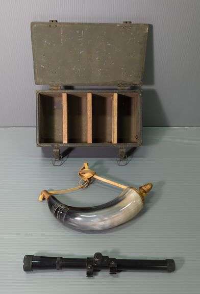 Powder Horn, Daisy 4x15 Scope, And Military Ammo Box image