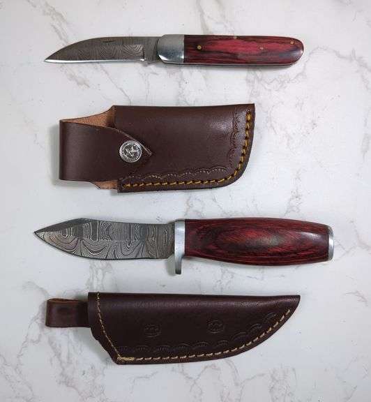 Custom Damascus Fixed And Folding Blade Knives, 4" And 3" Blades, In Tooled Leather Sheathes image