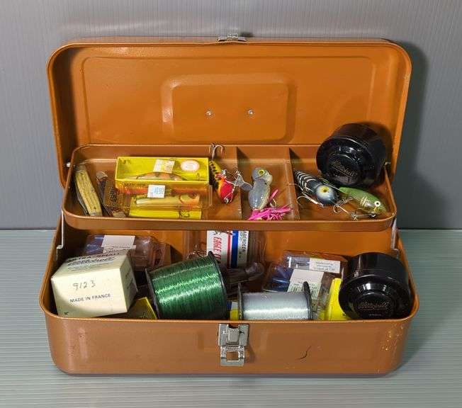 Spools Of Fishing Line, Lures, Pocket Knives, Hooks, Bobber Stops, And More, In My Buddy Metal Tackle Box image