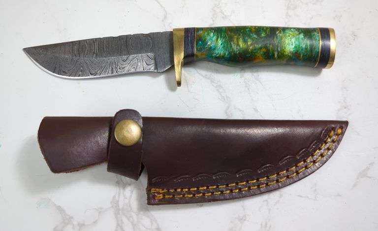 Custom Damascus Fixed Blade Knife, 4" Blade, In Tooled Leather Sheath image